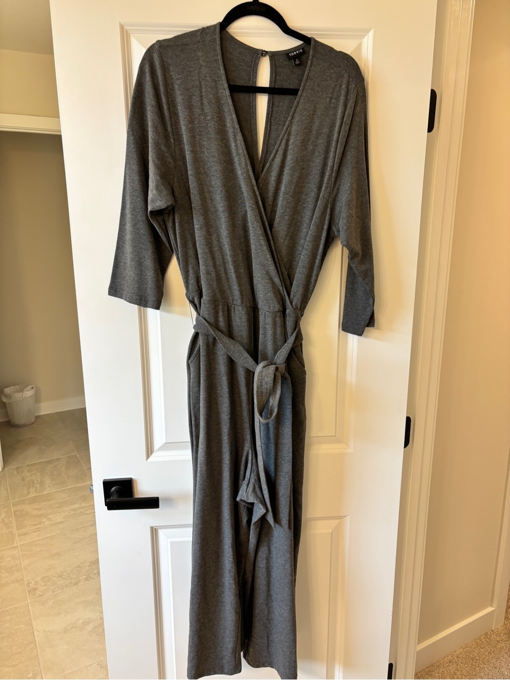 Plus Size Heather Grey Wrap Jumpsuit with Tie Waist - Picture 2 of 5